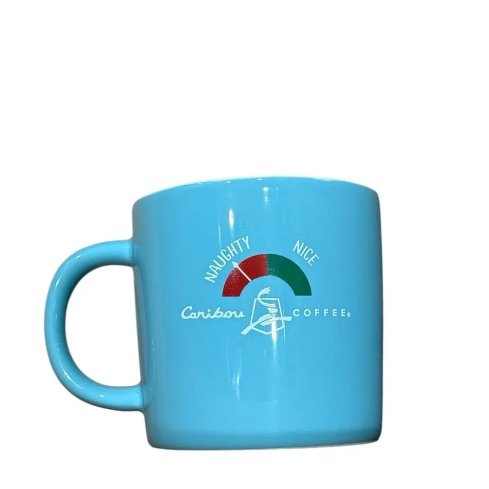 Caribou Coffee Blue‎ Mug Naughty Until Proven Nice Christmas Holiday 12oz
